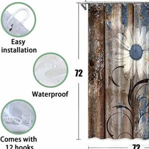 FVPSORBAT 4PCS Flower Botanical Shower Curtain Sets with Rugs Vintage Wood Panel Plank Rustic White Daisy Bathroom Decor Set