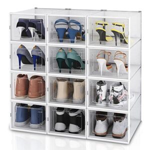 lanffranchi shoe organizer plastic storage boxes-stackable rack-transparent, ventilation and dust-proof- sneaker storage for display, space saving bins for bathroom, bedroom & entryway (medium)