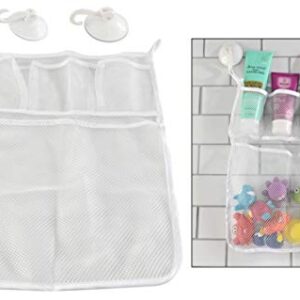 HOME-X Bathtub Toy and Bathroom Mesh Bag with Suction Cup Hooks Organizer, Bathtub Storage, Baby Bath Toy Organization, White-18" L x 12 1/2" W