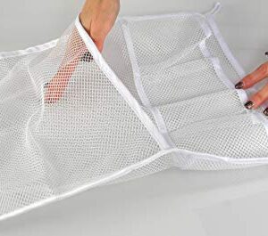 HOME-X Bathtub Toy and Bathroom Mesh Bag with Suction Cup Hooks Organizer, Bathtub Storage, Baby Bath Toy Organization, White-18" L x 12 1/2" W