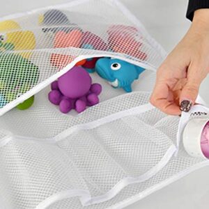 HOME-X Bathtub Toy and Bathroom Mesh Bag with Suction Cup Hooks Organizer, Bathtub Storage, Baby Bath Toy Organization, White-18" L x 12 1/2" W