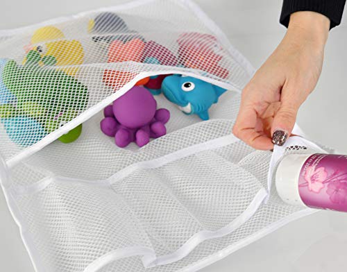 HOME-X Bathtub Toy and Bathroom Mesh Bag with Suction Cup Hooks Organizer, Bathtub Storage, Baby Bath Toy Organization, White-18" L x 12 1/2" W