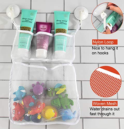 HOME-X Bathtub Toy and Bathroom Mesh Bag with Suction Cup Hooks Organizer, Bathtub Storage, Baby Bath Toy Organization, White-18" L x 12 1/2" W