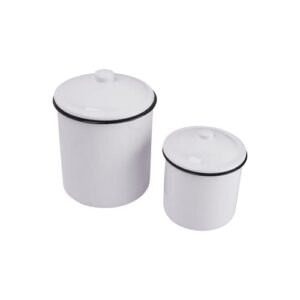 creative co-op farmhouse enameled metal canisters with lids, white and black, set of 2 sizes