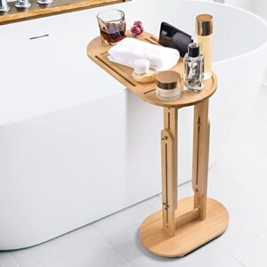 petiarkit foldable bathtub tray, bamboo bathtub tray table with wine glass and phone holder, height adjustable, waterproof bath caddy tray for luxury bath, home organizer for sofa, bed, table.