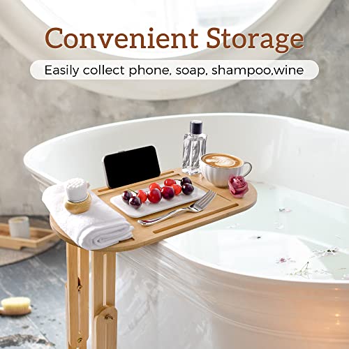 PETIARKIT Foldable Bathtub Tray, Bamboo Bathtub Tray Table with Wine Glass and Phone Holder, Height Adjustable, Waterproof Bath Caddy Tray for Luxury Bath, Home Organizer for Sofa, Bed, Table.