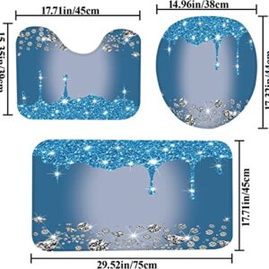 4Pcs Glitter Diamond Shower Curtain Sets Bathroom Set Decor with Non-Slip Rugs Bath U-Shaped Mat Toilet Lid Cover Blue Sliver Shiny Drip Bathroom Curtains Shower Set with 12 Hooks, 70.8×70.8