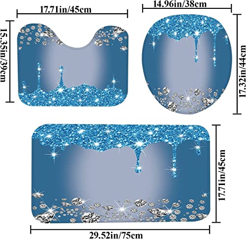 4Pcs Glitter Diamond Shower Curtain Sets Bathroom Set Decor with Non-Slip Rugs Bath U-Shaped Mat Toilet Lid Cover Blue Sliver Shiny Drip Bathroom Curtains Shower Set with 12 Hooks, 70.8×70.8