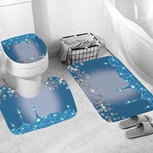 4Pcs Glitter Diamond Shower Curtain Sets Bathroom Set Decor with Non-Slip Rugs Bath U-Shaped Mat Toilet Lid Cover Blue Sliver Shiny Drip Bathroom Curtains Shower Set with 12 Hooks, 70.8×70.8