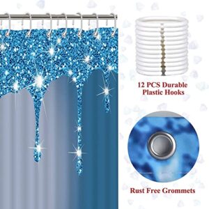 4Pcs Glitter Diamond Shower Curtain Sets Bathroom Set Decor with Non-Slip Rugs Bath U-Shaped Mat Toilet Lid Cover Blue Sliver Shiny Drip Bathroom Curtains Shower Set with 12 Hooks, 70.8×70.8