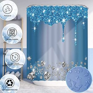 4Pcs Glitter Diamond Shower Curtain Sets Bathroom Set Decor with Non-Slip Rugs Bath U-Shaped Mat Toilet Lid Cover Blue Sliver Shiny Drip Bathroom Curtains Shower Set with 12 Hooks, 70.8×70.8