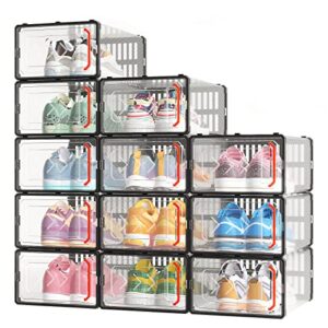 gardace 12 pack shoe organizer, clear plastic stackable shoe organizer for closet, with red door handle, universal shoe storage boxes for men and women, multifunctional closet organizers and storage