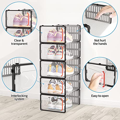 Gardace 12 Pack Shoe Organizer, Clear Plastic Stackable Shoe Organizer for Closet, with Red Door Handle, Universal Shoe Storage Boxes for Men and Women, Multifunctional Closet Organizers and Storage