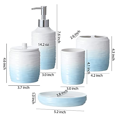 Motifeur Bathroom Accessories Set, 5-Piece Ceramic Bath Accessory Complete Set with Lotion Dispenser/Soap Pump, Cotton Jar, Soap Dish, Tumbler and Toothbrush Holder (Blue and White Gradient)