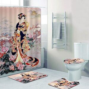 Lingquare 4 Pcs Oriental Japanese Geisha Girl Bath Curtain Shower Curtains Set Traditional Japanese Woman Art Bathroom Curtain Mats Home Decor 70x70Inch