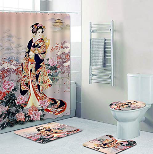 Lingquare 4 Pcs Oriental Japanese Geisha Girl Bath Curtain Shower Curtains Set Traditional Japanese Woman Art Bathroom Curtain Mats Home Decor 70x70Inch