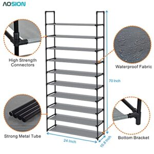 AOSION 10 Tier Shoe Rack,Shoe Rack for Closet 30-50 Pairs Tall Shoe Rack Organizer with Hooks Large Shoe Rack with Removable,Space Saving Shoe Shelf,Non-Woven Fabric Shoe Tower,Grey