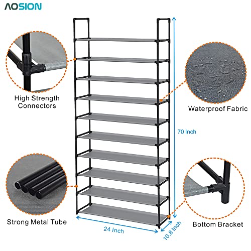 AOSION 10 Tier Shoe Rack,Shoe Rack for Closet 30-50 Pairs Tall Shoe Rack Organizer with Hooks Large Shoe Rack with Removable,Space Saving Shoe Shelf,Non-Woven Fabric Shoe Tower,Grey