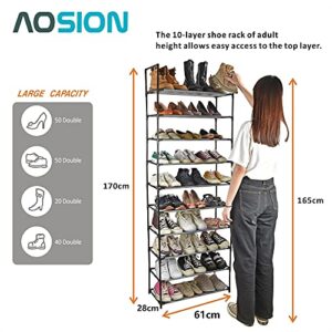 AOSION 10 Tier Shoe Rack,Shoe Rack for Closet 30-50 Pairs Tall Shoe Rack Organizer with Hooks Large Shoe Rack with Removable,Space Saving Shoe Shelf,Non-Woven Fabric Shoe Tower,Grey