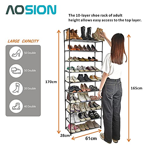 AOSION 10 Tier Shoe Rack,Shoe Rack for Closet 30-50 Pairs Tall Shoe Rack Organizer with Hooks Large Shoe Rack with Removable,Space Saving Shoe Shelf,Non-Woven Fabric Shoe Tower,Grey