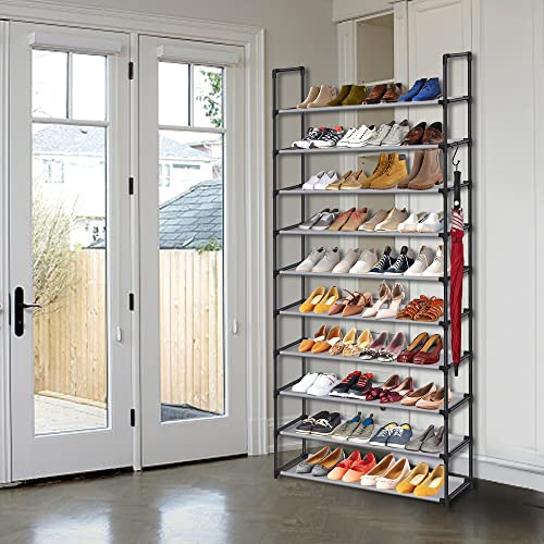 AOSION 10 Tier Shoe Rack,Shoe Rack for Closet 30-50 Pairs Tall Shoe Rack Organizer with Hooks Large Shoe Rack with Removable,Space Saving Shoe Shelf,Non-Woven Fabric Shoe Tower,Grey