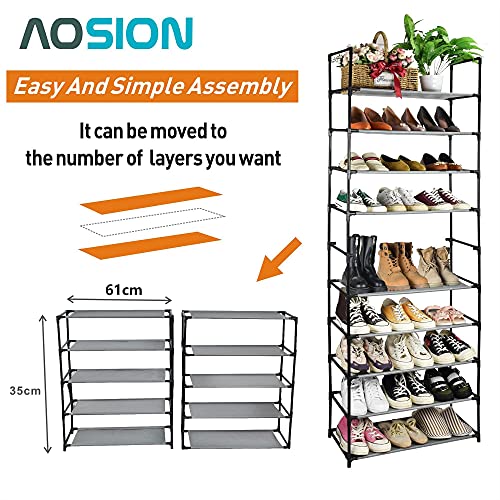 AOSION 10 Tier Shoe Rack,Shoe Rack for Closet 30-50 Pairs Tall Shoe Rack Organizer with Hooks Large Shoe Rack with Removable,Space Saving Shoe Shelf,Non-Woven Fabric Shoe Tower,Grey