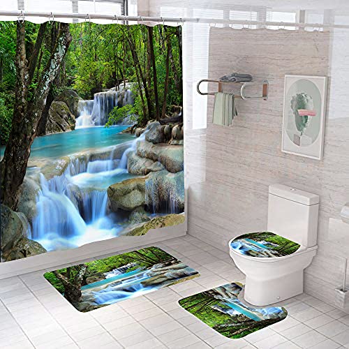 DDS-DUDES 4Pcs Shower Curtain Sets, Natural Scenery Spring Forest Waterfall Waterproof Bathroom Sets with Shower Curtain and Rugs Toilet Cover and Bath Mat, 12 Plastic Hooks (Forest Waterfall)