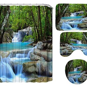 DDS-DUDES 4Pcs Shower Curtain Sets, Natural Scenery Spring Forest Waterfall Waterproof Bathroom Sets with Shower Curtain and Rugs Toilet Cover and Bath Mat, 12 Plastic Hooks (Forest Waterfall)