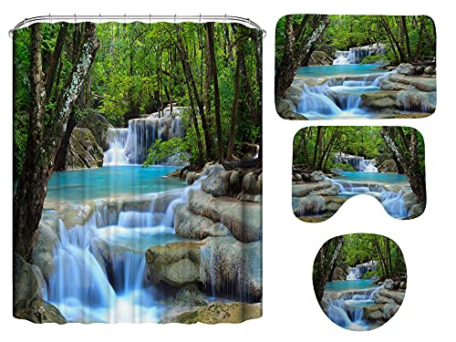 DDS-DUDES 4Pcs Shower Curtain Sets, Natural Scenery Spring Forest Waterfall Waterproof Bathroom Sets with Shower Curtain and Rugs Toilet Cover and Bath Mat, 12 Plastic Hooks (Forest Waterfall)