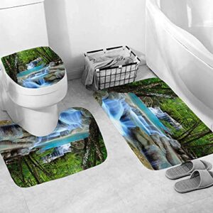 DDS-DUDES 4Pcs Shower Curtain Sets, Natural Scenery Spring Forest Waterfall Waterproof Bathroom Sets with Shower Curtain and Rugs Toilet Cover and Bath Mat, 12 Plastic Hooks (Forest Waterfall)