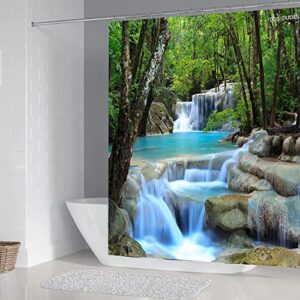 DDS-DUDES 4Pcs Shower Curtain Sets, Natural Scenery Spring Forest Waterfall Waterproof Bathroom Sets with Shower Curtain and Rugs Toilet Cover and Bath Mat, 12 Plastic Hooks (Forest Waterfall)