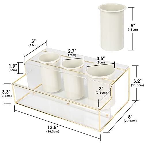 J JACKCUBE DESIGN Hair Dryer Holder Organizer Hair Tool Styling Storage Countertop Gold Clear Acrylic Bath Supplies Blow Dryer Flat Iron Tray Stand, Bathroom Vanity Caddy with 3 Cups- MK1026A