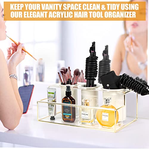 J JACKCUBE DESIGN Hair Dryer Holder Organizer Hair Tool Styling Storage Countertop Gold Clear Acrylic Bath Supplies Blow Dryer Flat Iron Tray Stand, Bathroom Vanity Caddy with 3 Cups- MK1026A