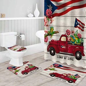 Puerto Rican Flags and Frogs on Board Shower Curtain Sets 4 Pieces with Non-Slip Rugs,Waterproof Bathroom Curtains, Hibiscus Flowers and Truck Decor Bath Mat, Toilet Lid Cover and Floor Door Mat