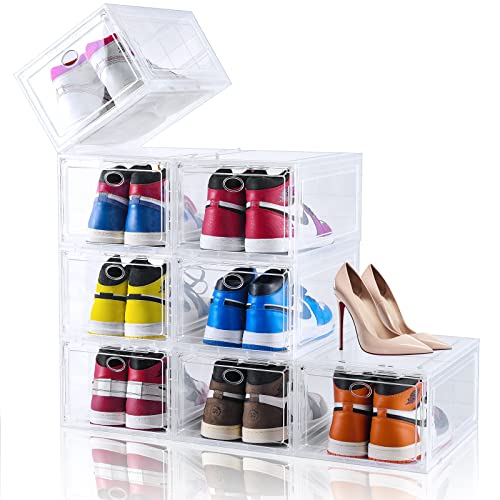 SOGOBOX Shoe Storage Boxes,Set of 8,Clear Plastic Stackable Shoe Organizer for Closet,Space Saving Shoe Containers For Sneaker Display, Fit up to US Size 12(13.8”x 9.84”x 7.1”)