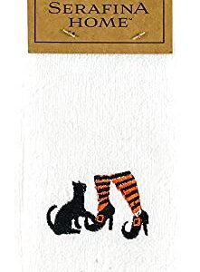 Serafina Home Decorative Halloween Fingertip Towels: Plush White Embroidered Cotton Witch Shoes with Cat Design, 2 Piece Set, 11" x 18" Inch Each (White)