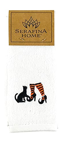 Serafina Home Decorative Halloween Fingertip Towels: Plush White Embroidered Cotton Witch Shoes with Cat Design, 2 Piece Set, 11" x 18" Inch Each (White)