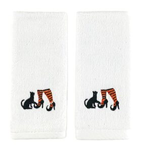 serafina home decorative halloween fingertip towels: plush white embroidered cotton witch shoes with cat design, 2 piece set, 11" x 18" inch each (white)