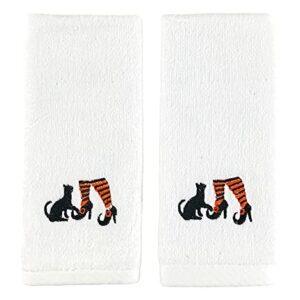 Serafina Home Decorative Halloween Fingertip Towels: Plush White Embroidered Cotton Witch Shoes with Cat Design, 2 Piece Set, 11" x 18" Inch Each (White)