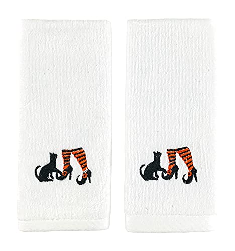 Serafina Home Decorative Halloween Fingertip Towels: Plush White Embroidered Cotton Witch Shoes with Cat Design, 2 Piece Set, 11" x 18" Inch Each (White)