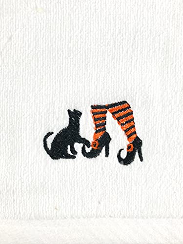 Serafina Home Decorative Halloween Fingertip Towels: Plush White Embroidered Cotton Witch Shoes with Cat Design, 2 Piece Set, 11" x 18" Inch Each (White)