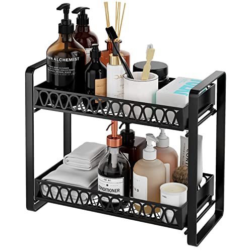 GILLAS 2 Tier Bathroom Counter Organizer, Makeup and Cosmetic Organizer Rack, Bathroom Vanity Storage Tray, Farmhouse Counter Standing Holder Shelf, Black