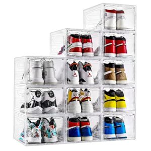 insty shoe boxes, set of 12, stackable clear plastic shoe storage boxes, drop front shoe box with lids,shoe organizer containers for sneaker display, fit up to us size 12(13.4”x 9.8”x 7.1”)