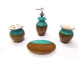 empire home two-tone 4-piece bathroom accessory ceramic set - lotion dispenser/tumbler / toothbrush holder/soap dish (brown & blue)