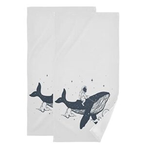susiyo astronaut flies on the whale hand towels set of 2 luxury print decorative bathroom towels super soft highly absorbent multipurpose towels for yoga gym spa hotel bathroom kitchen 28x14 inch