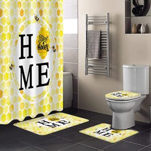 honeycomb 4 pieces shower curtain sets with non slip rugs toilet lid cover and bath mat, yellow honeycomb with bee watercolor bathroom decor set with 12 hooks, 72" x 72"