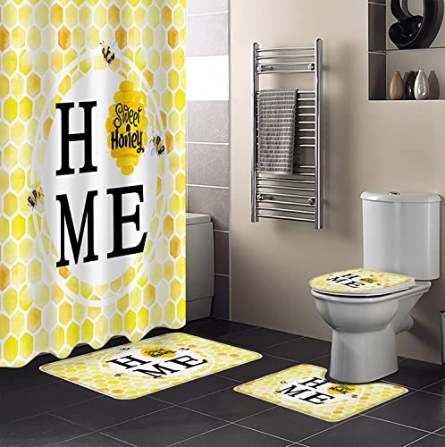 Honeycomb 4 Pieces Shower Curtain Sets with Non Slip Rugs Toilet Lid Cover and Bath Mat, Yellow Honeycomb with Bee Watercolor Bathroom Decor Set with 12 Hooks, 72" x 72"