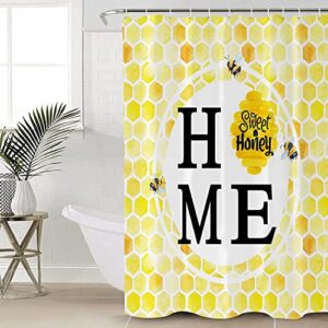 Honeycomb 4 Pieces Shower Curtain Sets with Non Slip Rugs Toilet Lid Cover and Bath Mat, Yellow Honeycomb with Bee Watercolor Bathroom Decor Set with 12 Hooks, 72" x 72"