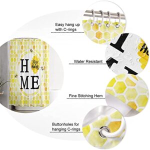 Honeycomb 4 Pieces Shower Curtain Sets with Non Slip Rugs Toilet Lid Cover and Bath Mat, Yellow Honeycomb with Bee Watercolor Bathroom Decor Set with 12 Hooks, 72" x 72"