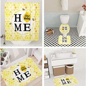 Honeycomb 4 Pieces Shower Curtain Sets with Non Slip Rugs Toilet Lid Cover and Bath Mat, Yellow Honeycomb with Bee Watercolor Bathroom Decor Set with 12 Hooks, 72" x 72"